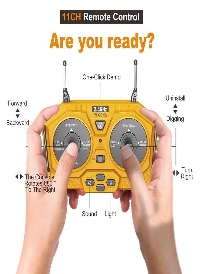 JOYJAY Remote Control Excavator Toy 11 Channel Rc Excavator Truck Toys 1/20 Scale 2.4GHz Construction Vehicles with Metal Shovel 680° Rotation Lights & Sounds for Kids Boys Age 4-10 Y - Image 4